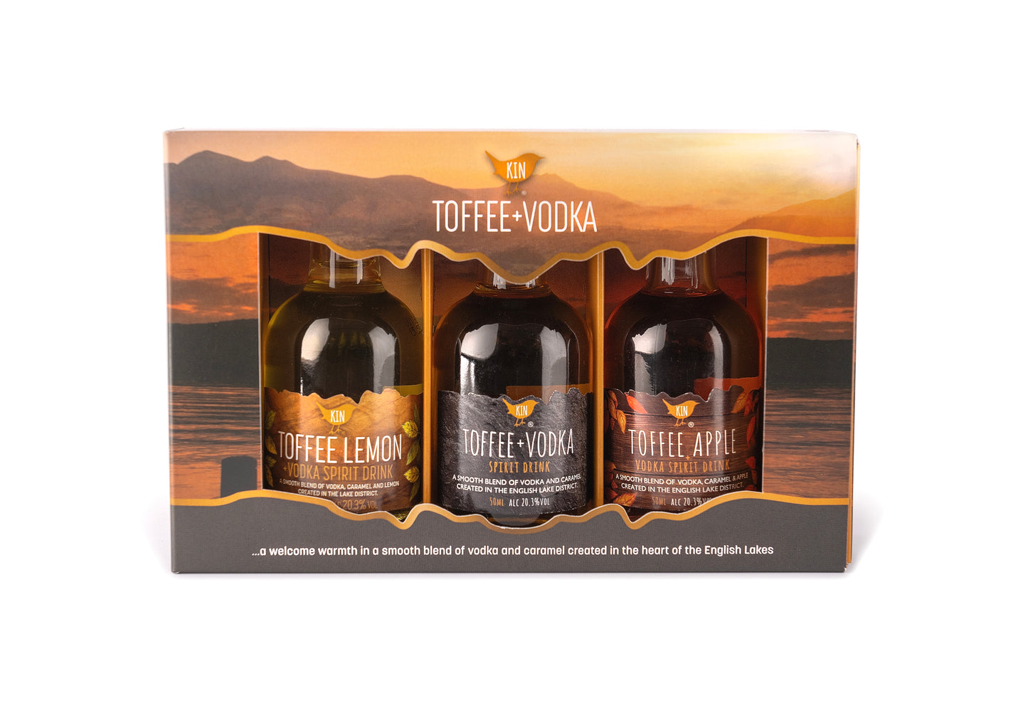 Front view of Trio Gift pack in full colour printed box with a lake district view in background