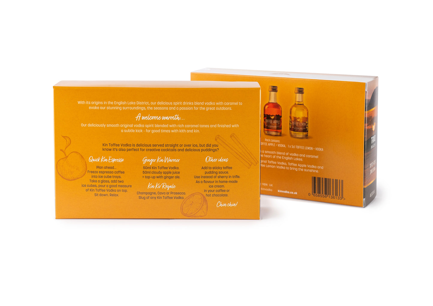 Rear view of Kin Toffee Vodka Trio gift pack and slide out tray.